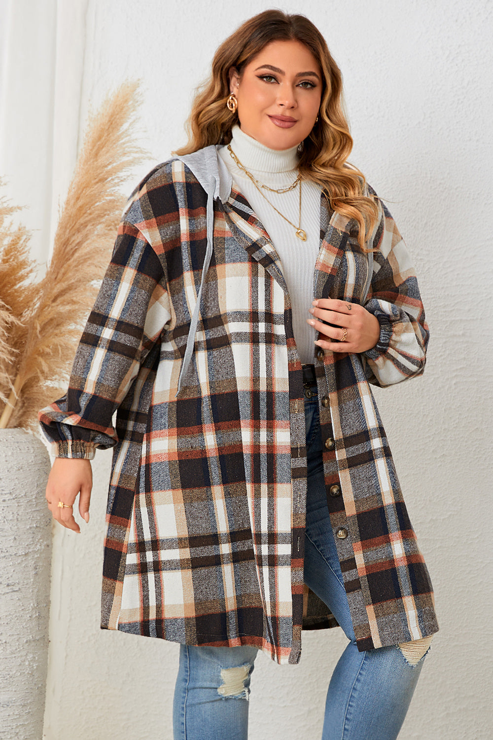 H.S. Plus Size Plaid Drop Shoulder Hooded Coat