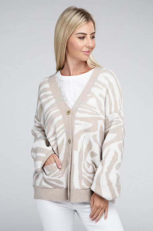 NUVI APPAREL Beige Zebra Pattern Cardigan Sweater