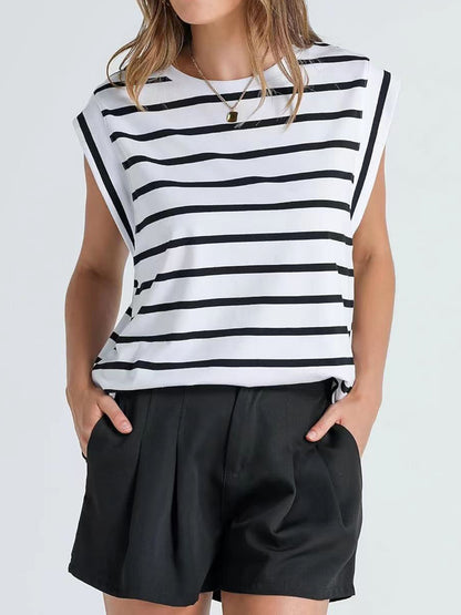 Striped Round Neck Cap Sleeve Sweater Top