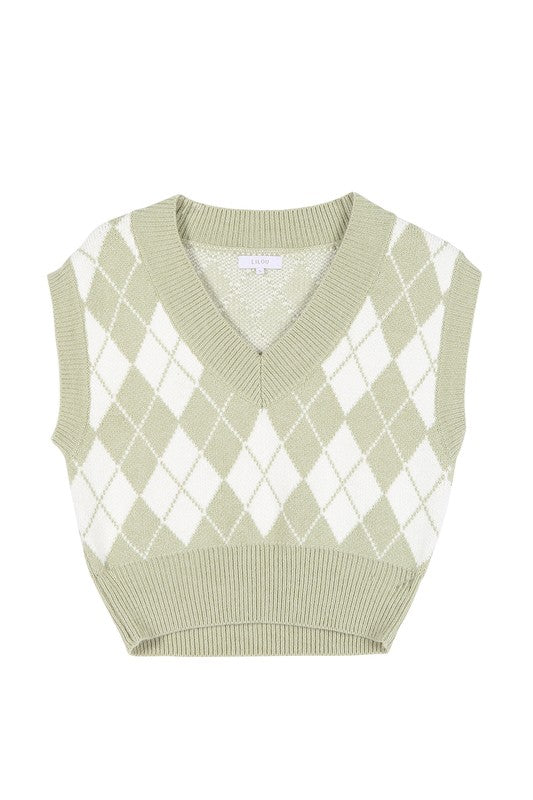 LILOU Knitted Argyle Sweater Vest