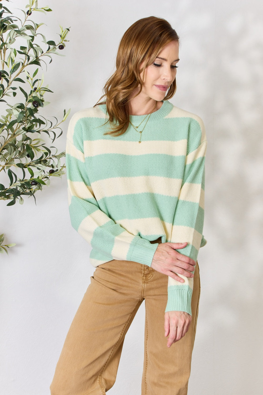 SEW IN LOVE Full Size Contrast Striped Round Neck Sweater