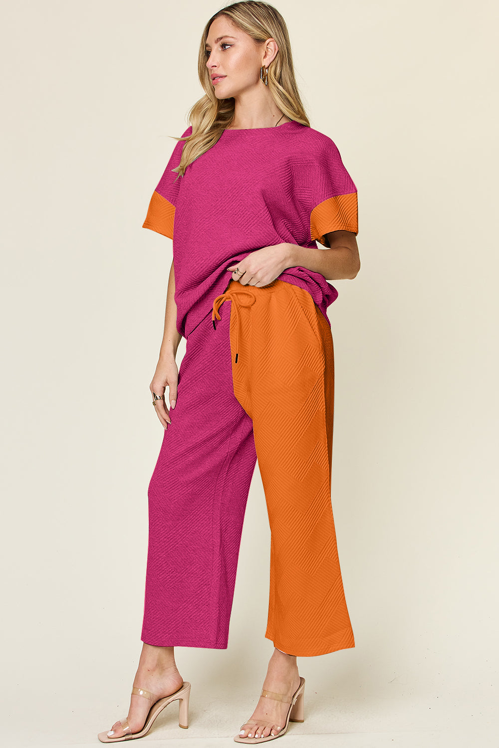 DOUBLE TAKE Full Size Texture Contrast T-Shirt and Wide Leg Pants Set