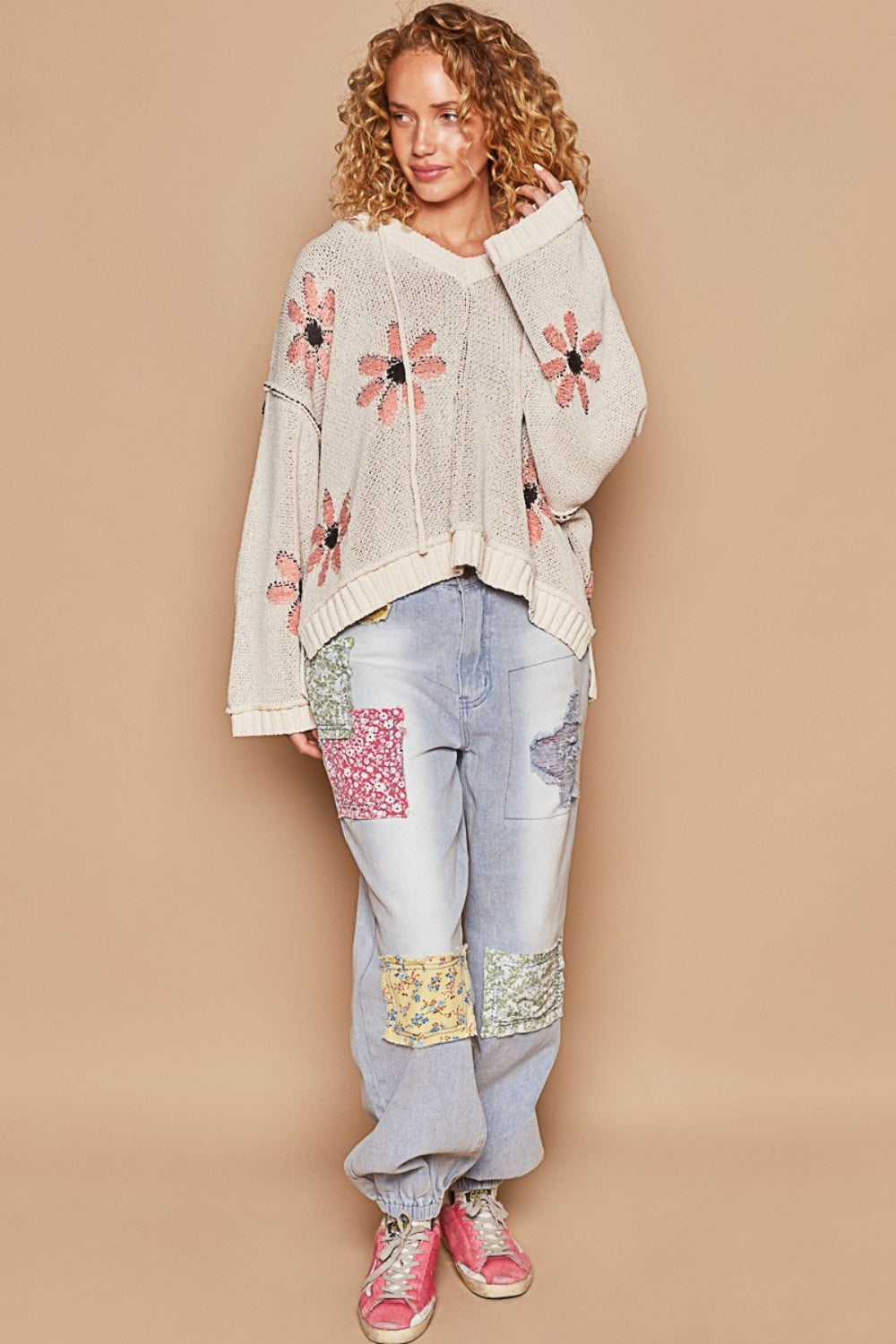 POL Pale Almond Floral Pattern Hooded High-Low Sweater