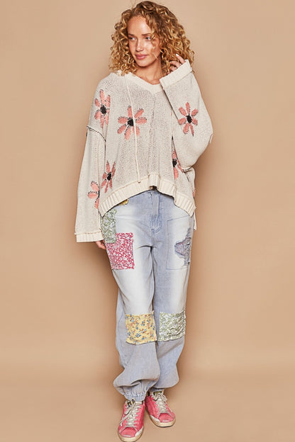 POL Pale Almond Floral Pattern Hooded High-Low Sweater