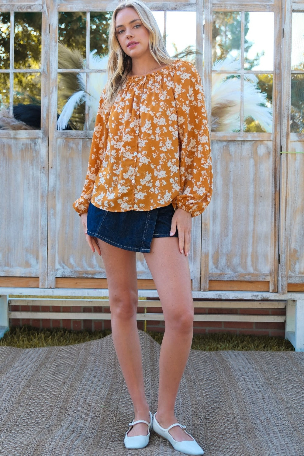 HAILEY & Co. Floral Off-Shoulder Fall transitional Balloon Sleeve Blouse in Color Mustard