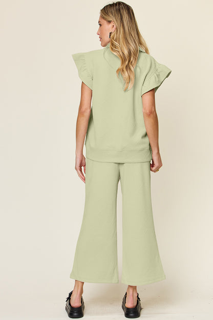 DOUBLE TAKE Texture Ruffle Short Sleeve Top and Drawstring Wide Leg Pants Set