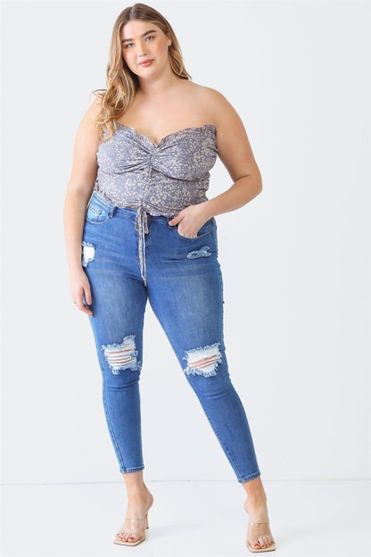 ZENOBIA Plus Size Drawstring Smocked Floral Tube Top