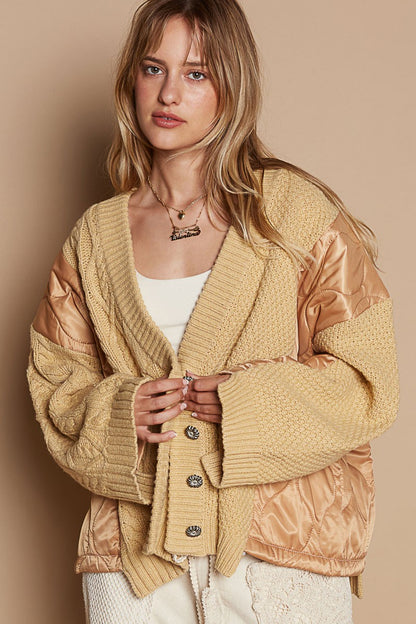 POL Quilting Patch Button Up Cable Knit Jacket in Camel Multi