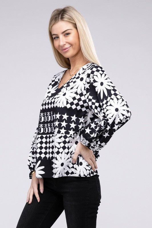 NUVI APPAREL Black/White Floral V Neck Lantern Sleeve Blouse