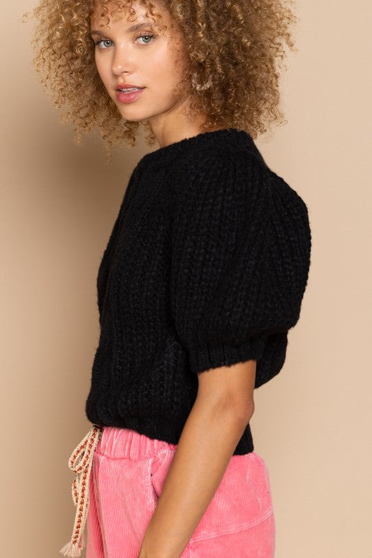 POL Chic Puff Sleeve Cable Knit Pullover Sweater