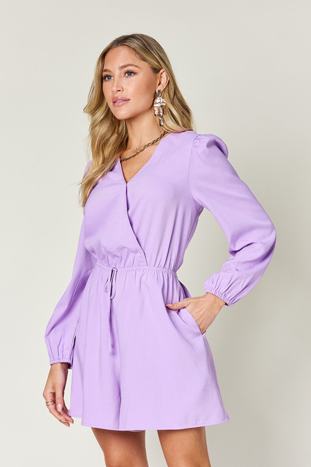 DOUBLE TAKE Full Size Lavender Drawstring Long Sleeve Romper