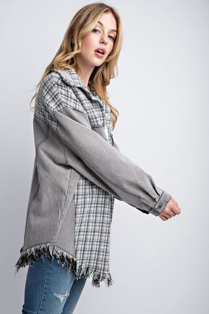 SWEET GENERIS Tweed Denim Shacket with Fringed Hem