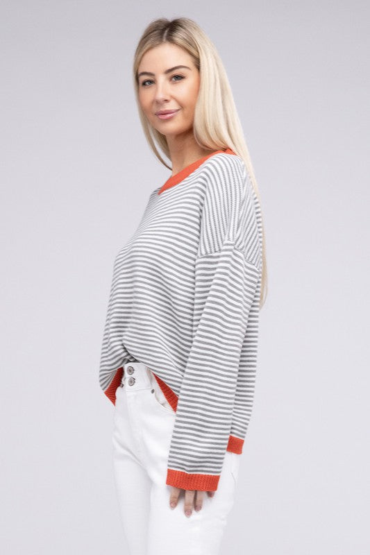 NUVI APPAREL Autumn Contrast Trimmed Striped Pullover Sweater