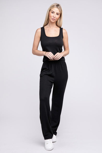 NUVI APPAREL 3 Pieces Solid Black Tank Top & Pants & Cardigan Set