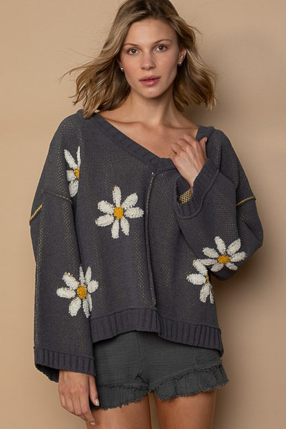 POL Charcoal V-Neck Floral Pattern Chenille Sweater