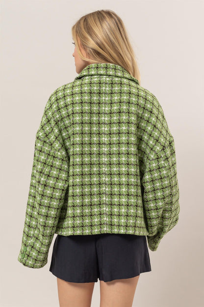 HYFVE Green Tweed Plaid Button Up Collared Neck Jacket with Dropped Shoulders