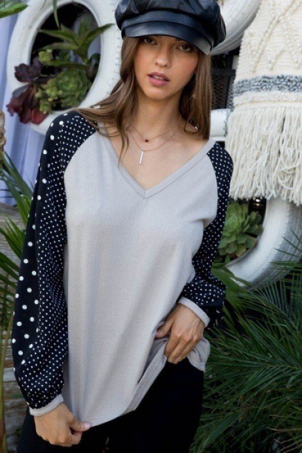 V Neck Contrast Woven Dot Print Long Sleeve Top