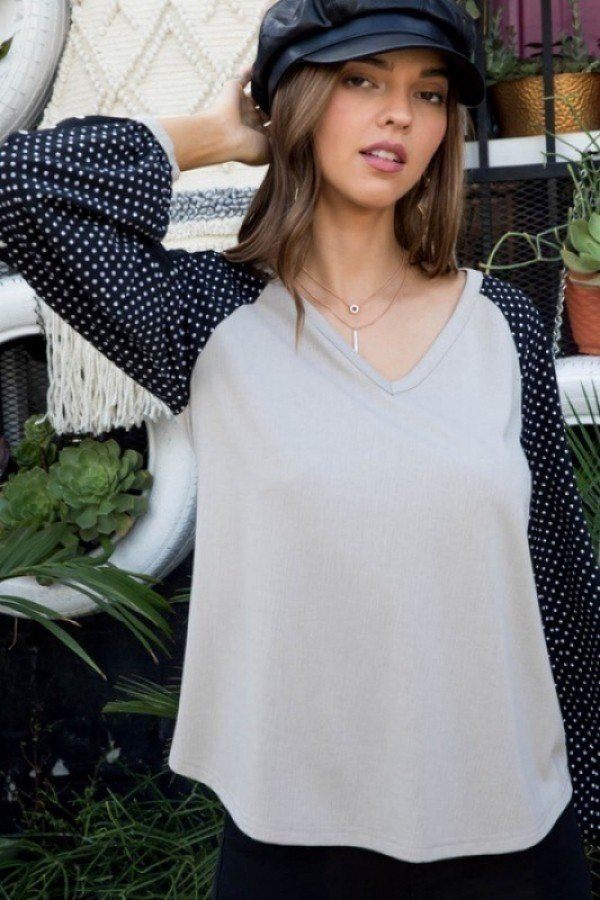 V Neck Contrast Woven Dot Print Long Sleeve Top