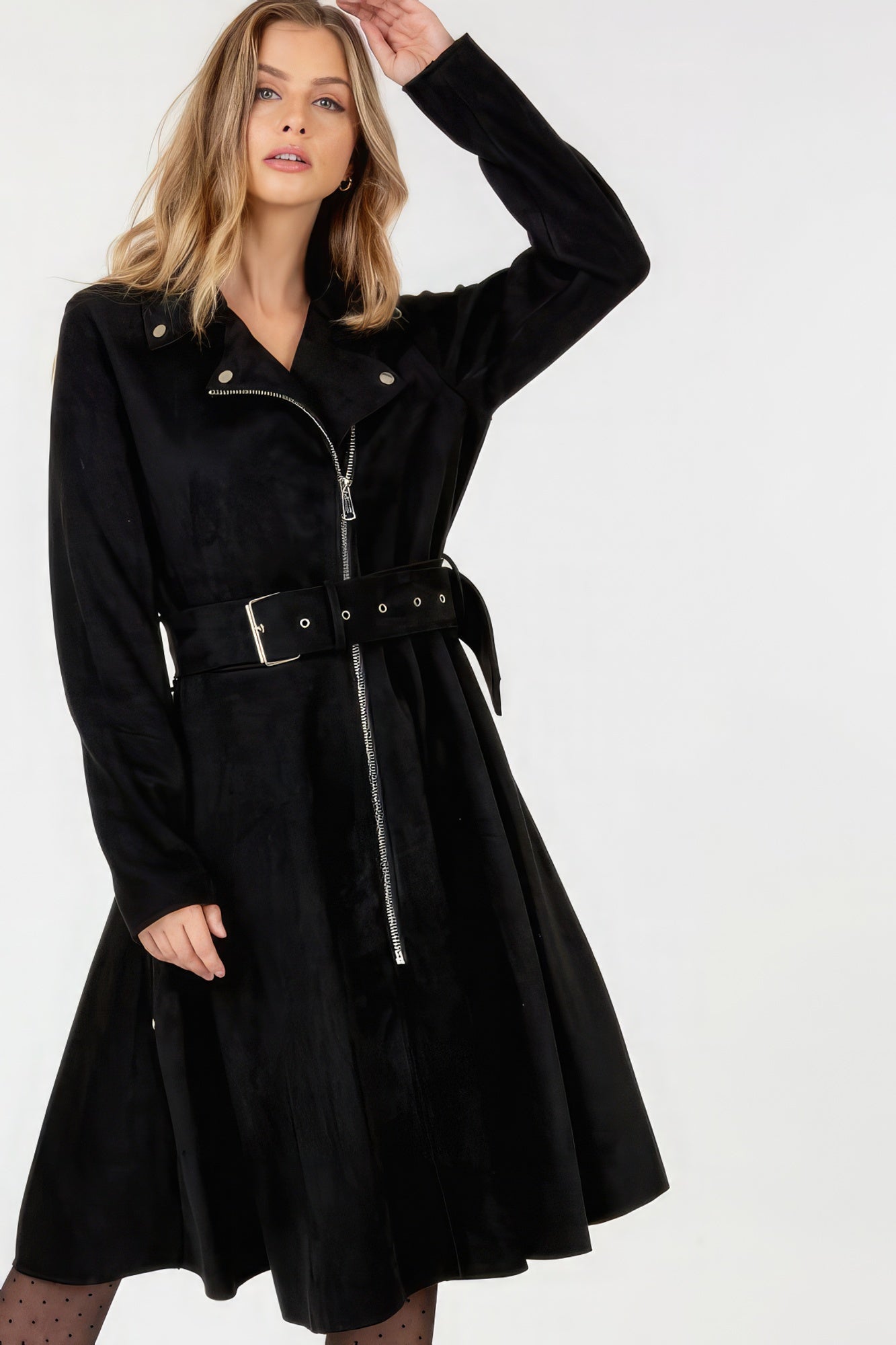 Black Waist Belt Tacked Faux Suede Coat Solid Coat