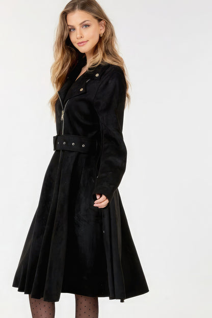 Black Waist Belt Tacked Faux Suede Coat Solid Coat