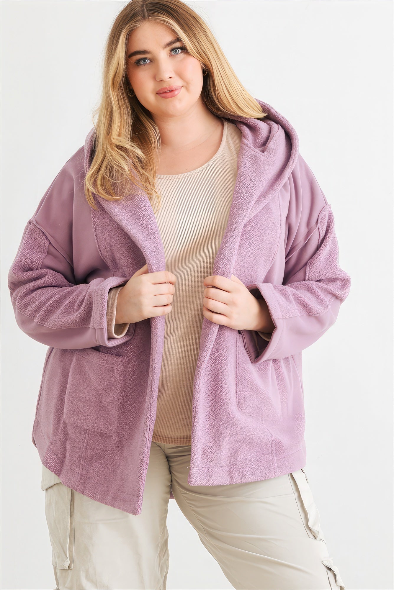 Plus Lavender Two Pocket Open Front Soft-To-Touch Hooded Cardigan Jacket