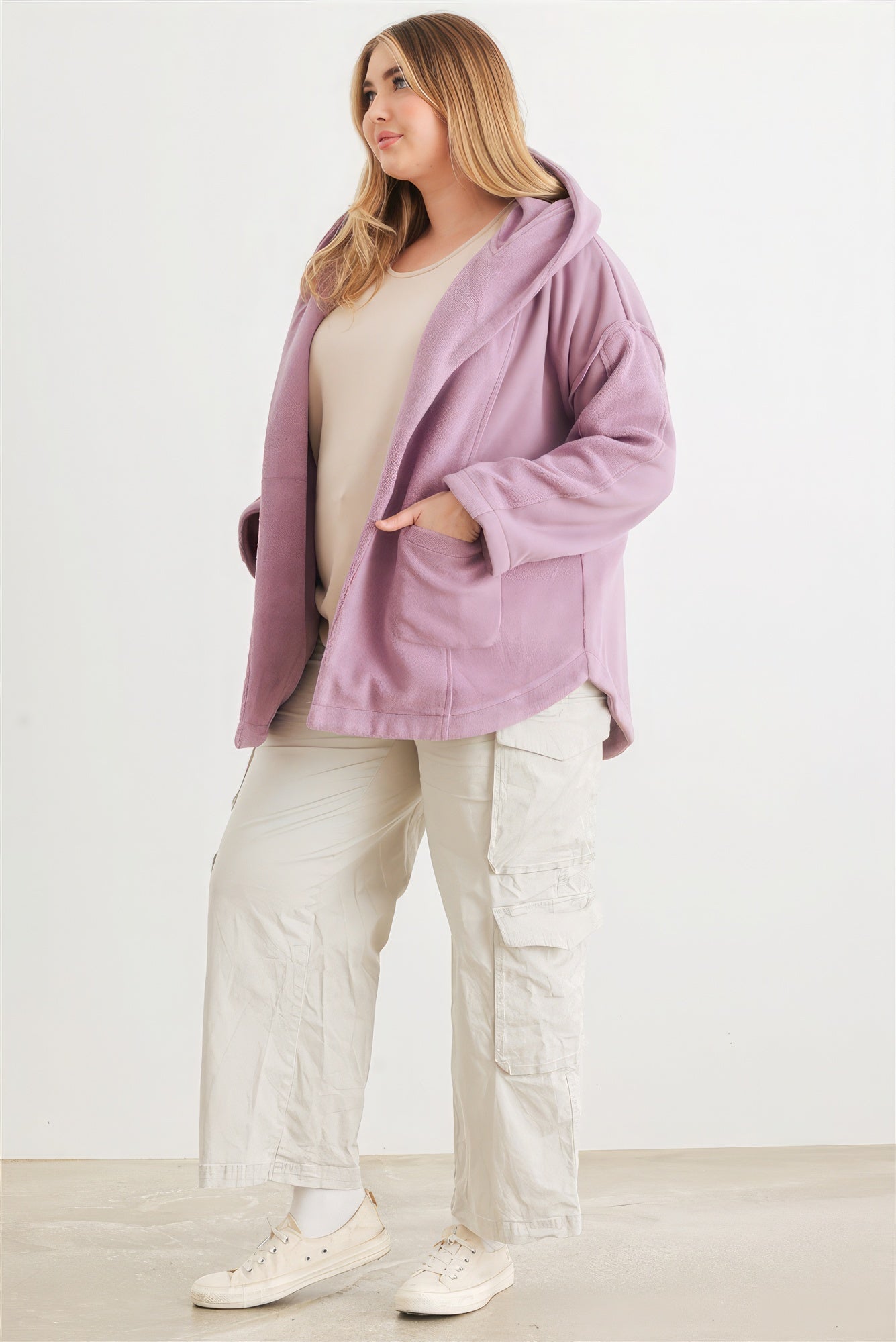 Plus Lavender Two Pocket Open Front Soft-To-Touch Hooded Cardigan Jacket