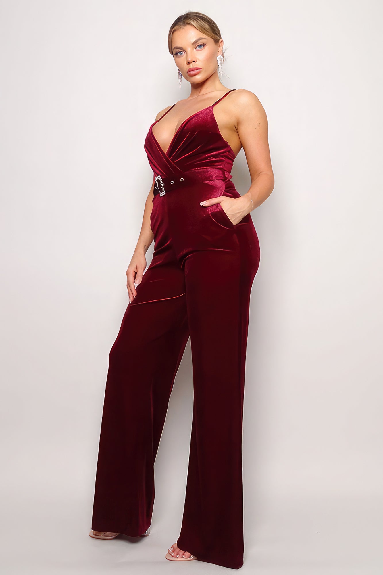 Formal Samba Rhinestone Belted Velvet Jumpsuit