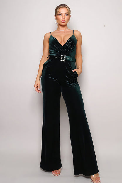 Formal Samba Rhinestone Belted Velvet Jumpsuit