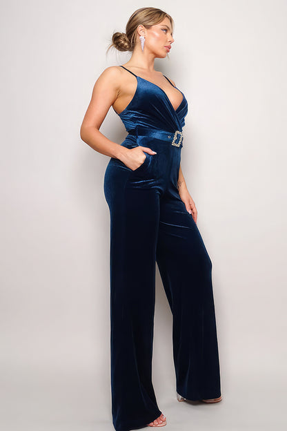 Formal Samba Rhinestone Belted Velvet Jumpsuit