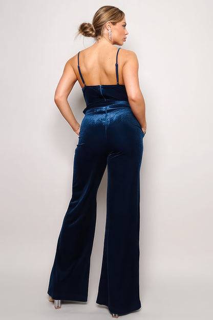 Formal Samba Rhinestone Belted Velvet Jumpsuit