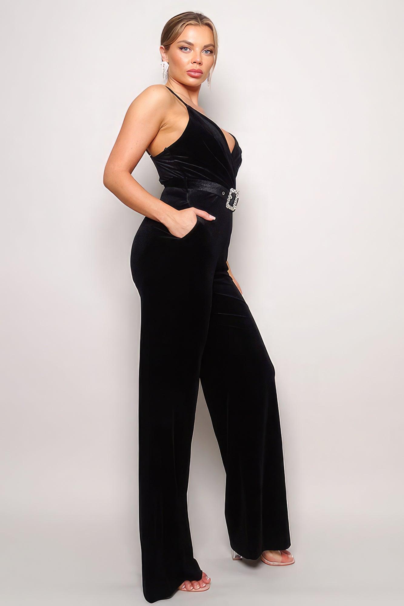 Formal Samba Rhinestone Belted Velvet Jumpsuit