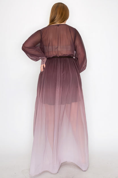 Ombre Chiffon Wrap Front Long Sleeve Tie Waist Slit Front Maxi Dress