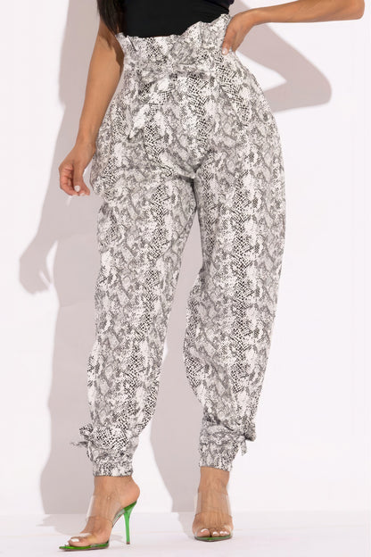 Snakeskin Printed Paper Bag Style Cargo Pants