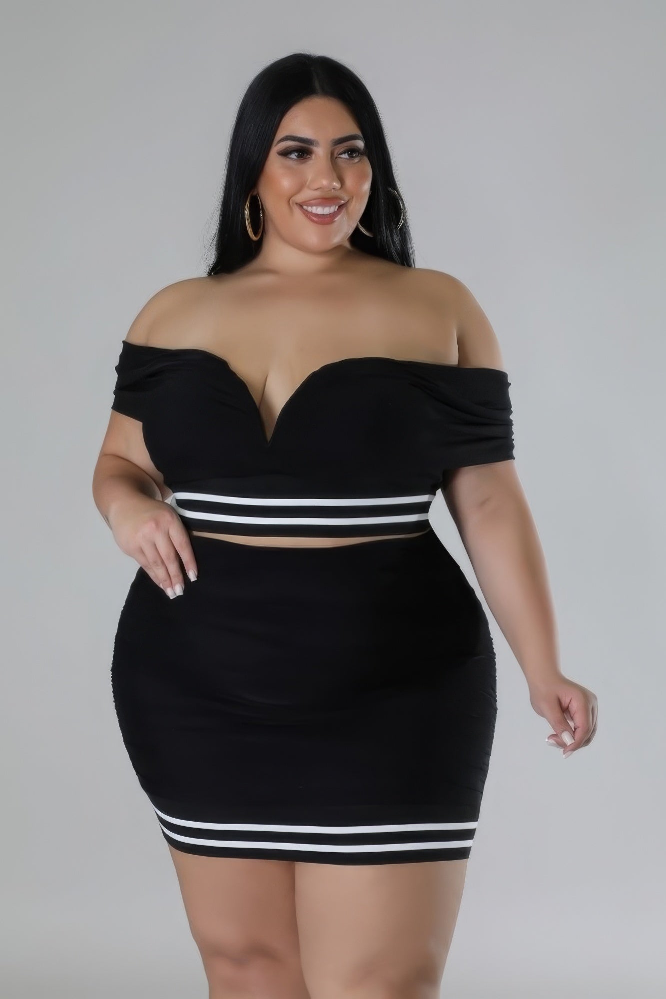 Black Plus-size Stretch Mini Skirt & Off the Shoulder Top Party Set