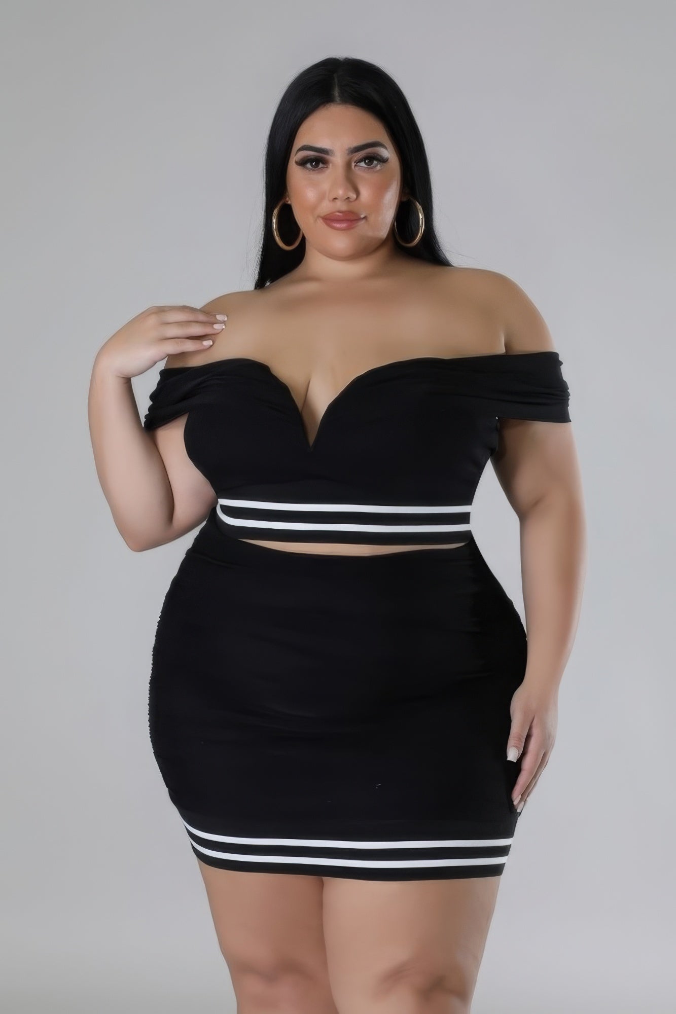 Black Plus-size Stretch Mini Skirt & Off the Shoulder Top Party Set