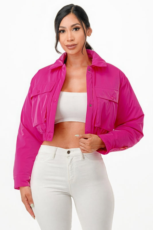 Shiny Puffer Bomber Cropped Coat Jacket