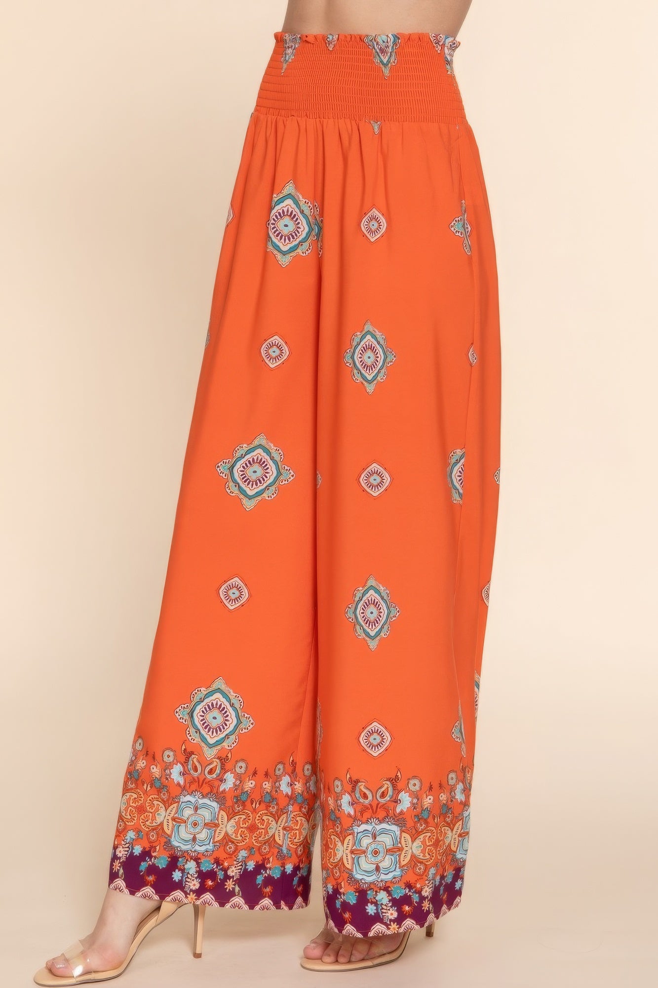 Wide Leg Border Print Woven Boho Pants