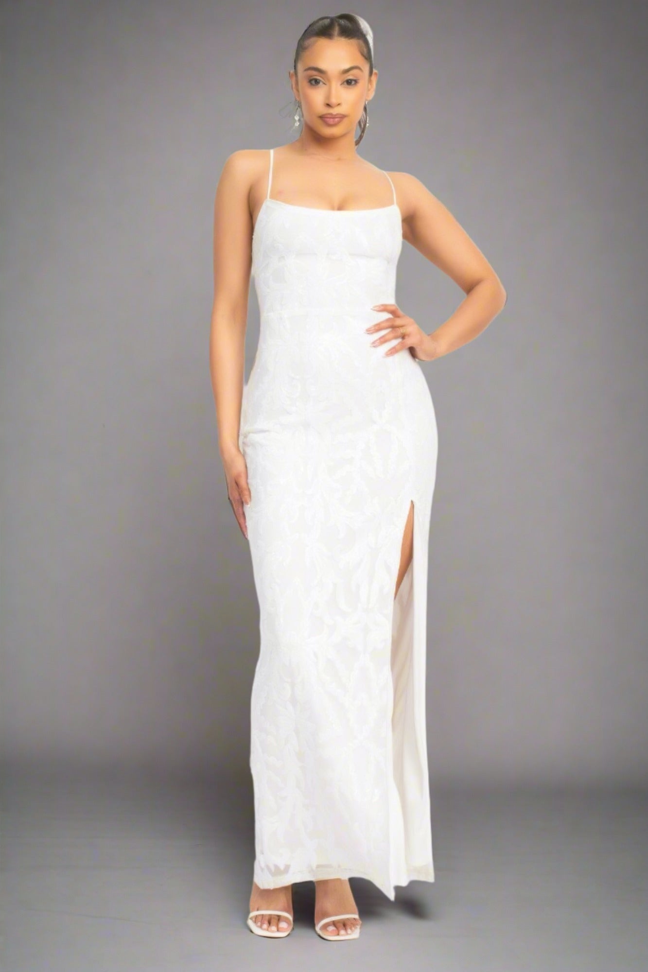 Pristine White Sequin Back-crisscross Tie Slit Cocktail Dress