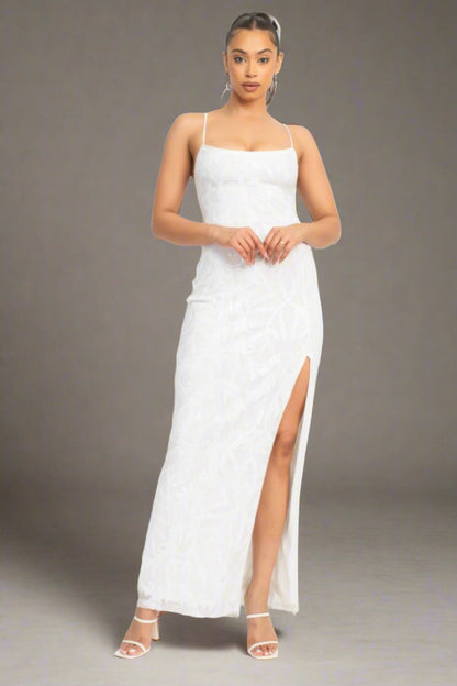 Pristine White Sequin Back-crisscross Tie Slit Cocktail Dress