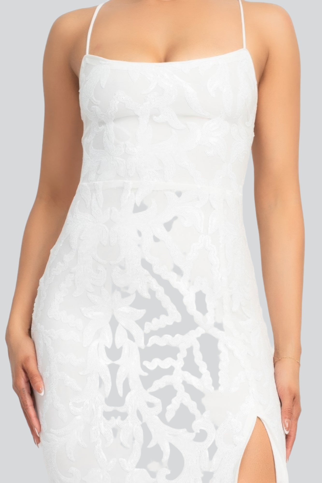 Pristine White Sequin Back-crisscross Tie Slit Cocktail Dress