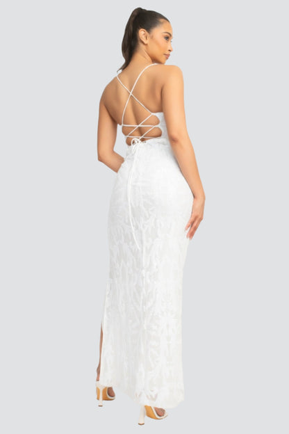 Pristine White Sequin Back-crisscross Tie Slit Cocktail Dress