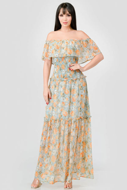 Floral Chiffon Off Shoulder Smocked Back Ruffled Tiered Maxi Dress