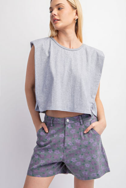 Casual Sleeveless Crop Top With Shoulder Pads