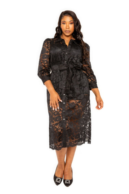 Black Plus-size Belted All Laced Buttoned-down Dress