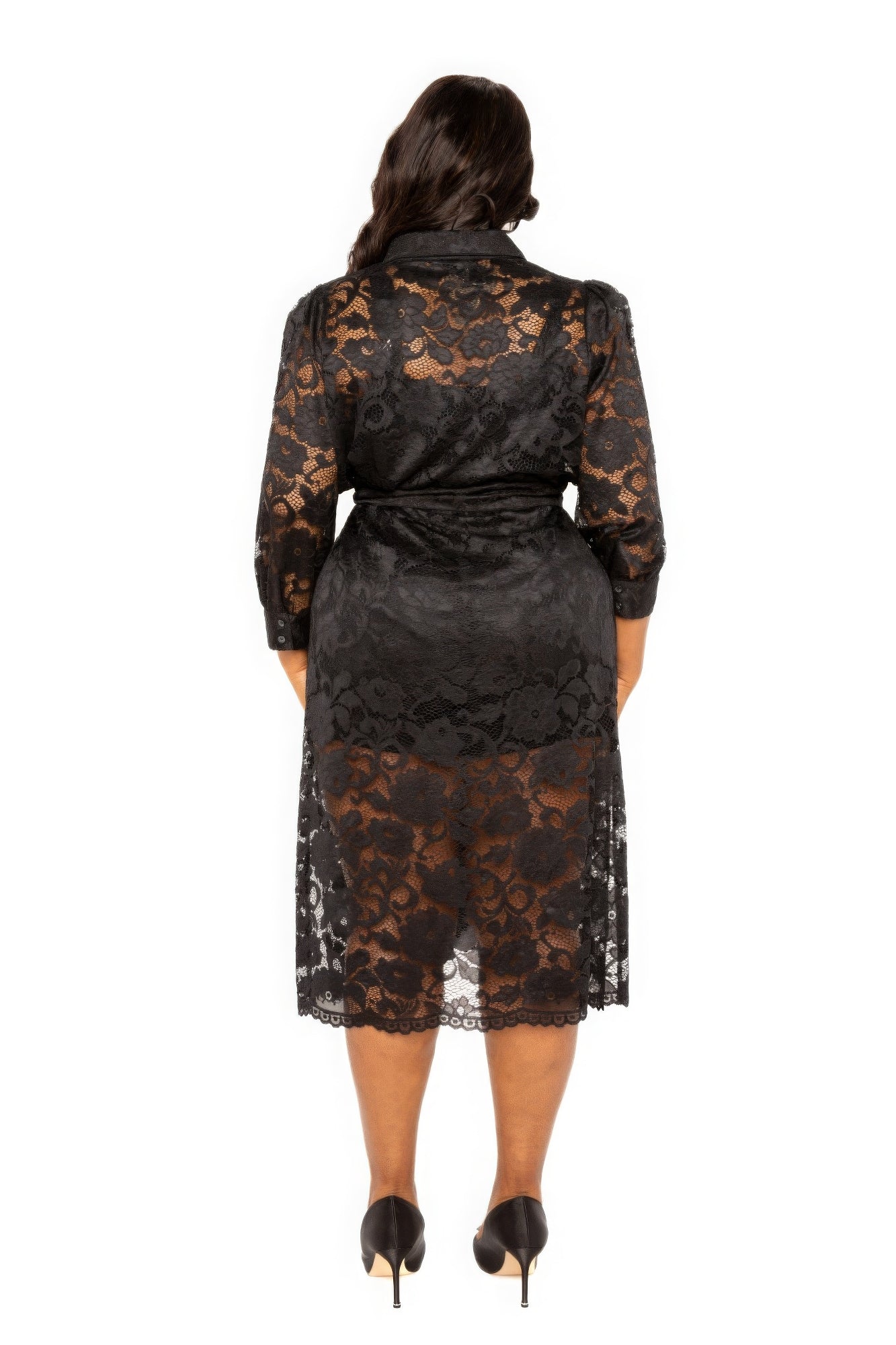 Black Plus-size Belted All Laced Buttoned-down Dress