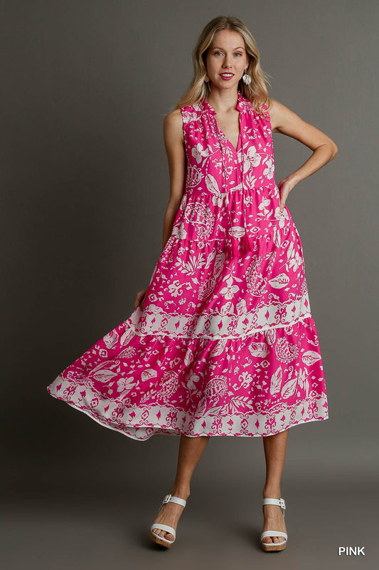 Pink/White Two Tone Floral Paisley Sleeveless Midi Dress