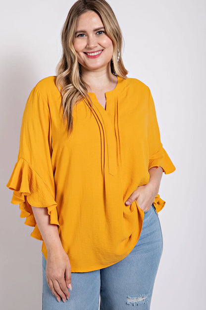 Plus-size Ruffled Bell Sleeve with Front Pleated Detail Top