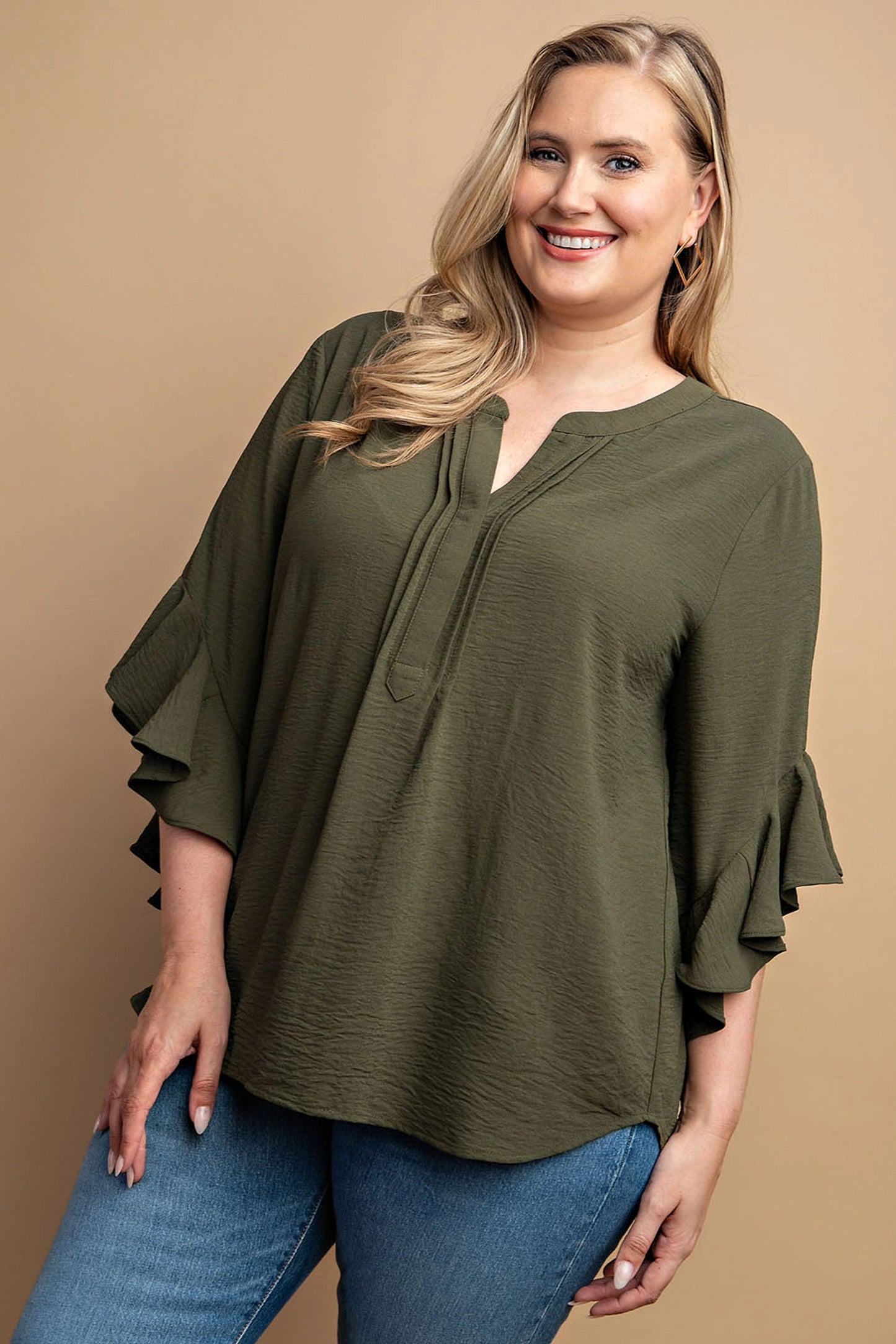 Plus-size Ruffled Bell Sleeve with Front Pleated Detail Top