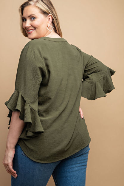 Plus-size Ruffled Bell Sleeve with Front Pleated Detail Top