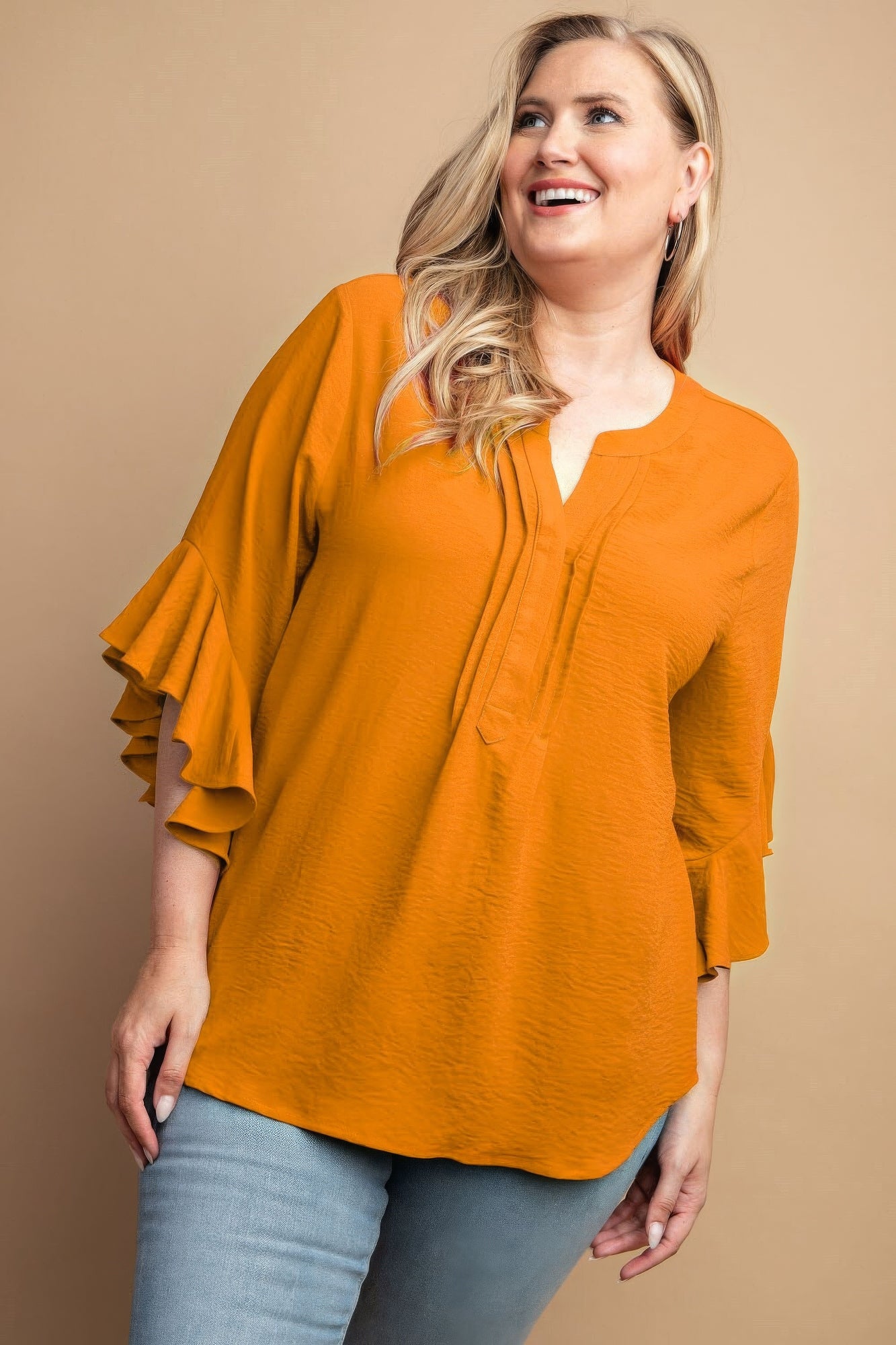 Plus-size Ruffled Bell Sleeve with Front Pleated Detail Top